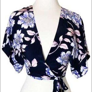 YUMI KIM silk cropped floral wrap blouse — Size M